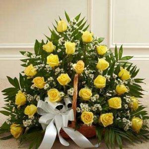 25 yellow roses in basket to deliver free.