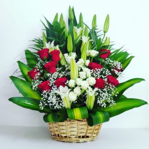 red white flowers basket