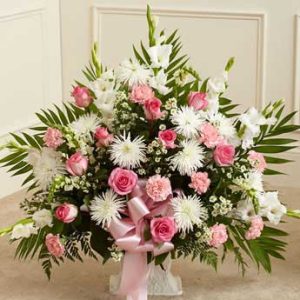 Baby girl big basket of pink white flowers
