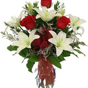 white lilies red roses vase for prompt promise