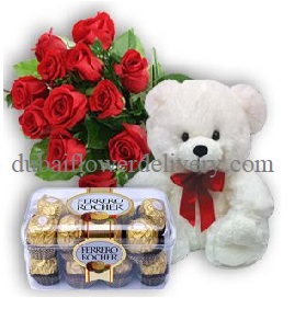 red roses bouquet teddy chocolates