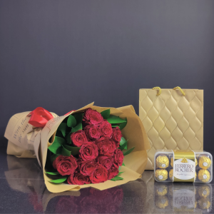 red roses bouquet with chocolates