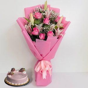 strawberry cake with flower bouquet