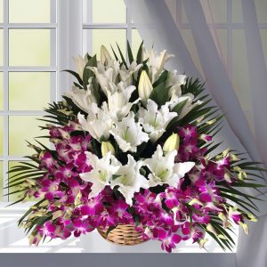 White lilies and purple orchids basket