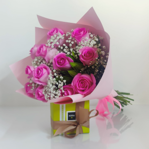 pink roses and patchi delivery in Dubai