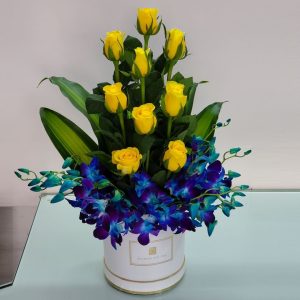 yellow roses blue orchid