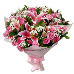 pink bouquet with lilies roses carnations