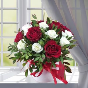 red white roses in box