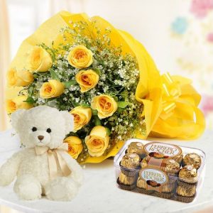 Yellow roses teddy and Ferrero