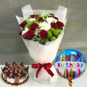 bouquet and cake with balloon
