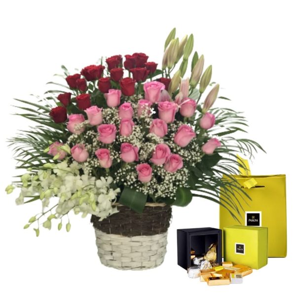 Mix Flowers Basket and Patchi Chocolate Box Online