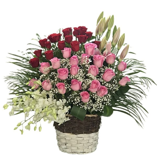 Mixed Roses Lilies Orchids Basket Online