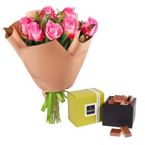 9 Pink Roses Bouquet and Patchi Chocolate Box