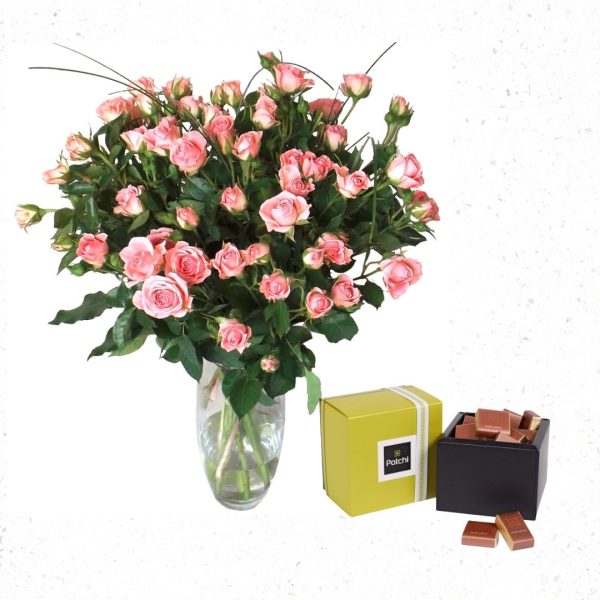 Pink Spray Roses Vase and Patchi Chocolates Online