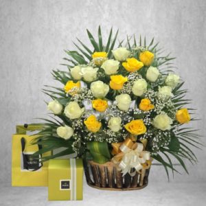 30 Yellow White Roses Basket Chocolates Online