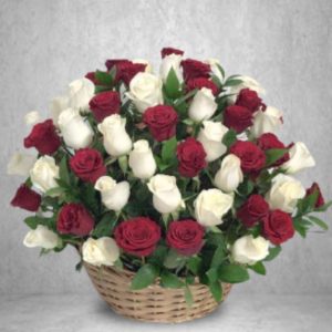 50 Red White Roses Basket Online Delivery