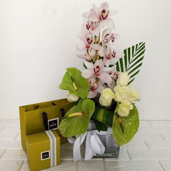 Premium Flowers Vase and Chocolates