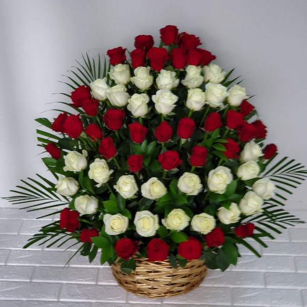 Big Basket of Red White Roses for Delivery