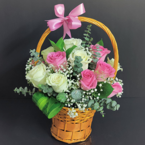 pink white roses basket