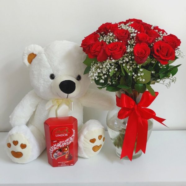 Buy Red Roses Vase Combo with Teddy and Lindt