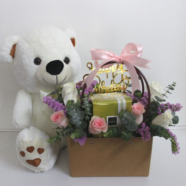 Birthday Roses with Teddy and Chocolates