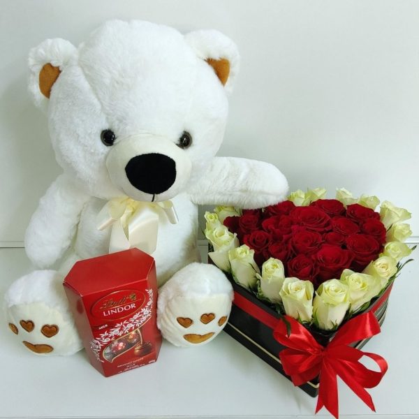 Heart Shape Roses Chocolates and Teddy Gift Pack