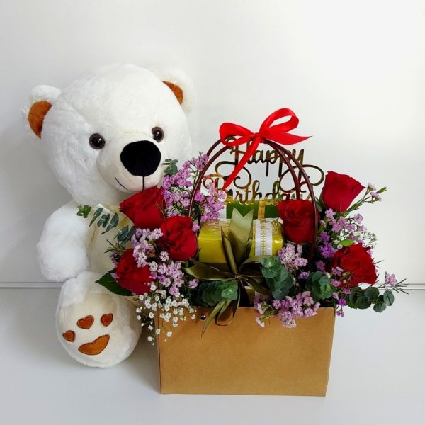 Birthday Gift Bag with 6 Red Roses, Chocolates and Teddy