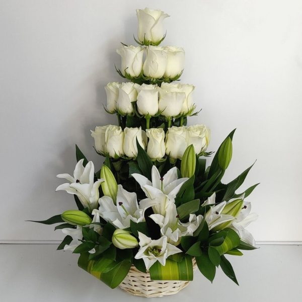 White Roses Lilies Basket