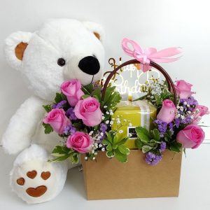 8 Pink Roses Teddy and Patchi Combo Gift