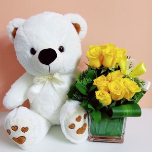 10 Yellow Roses Vase Teddy Gift for the Dear One