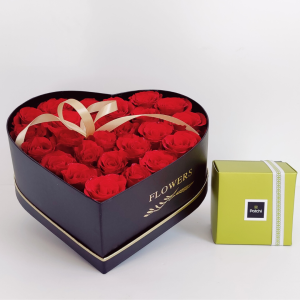 24 red roses heart and Patchi